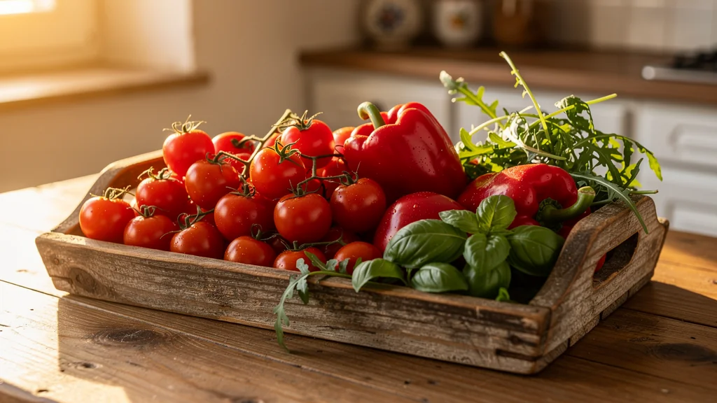 Bandeja de madera con cosecha de verano: tomates cherry, pimientos rojos, albahaca y rúcula recién cogidos del huerto urbano