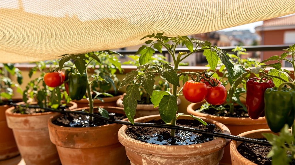 Malla de sombreo cubriendo macetas de lechugas y rábanos en terraza mediterránea durante agosto