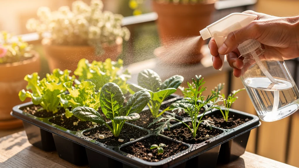 Semilleros de otoño con lechugas, espinacas y rúcula recién germinando en un balcón soleado