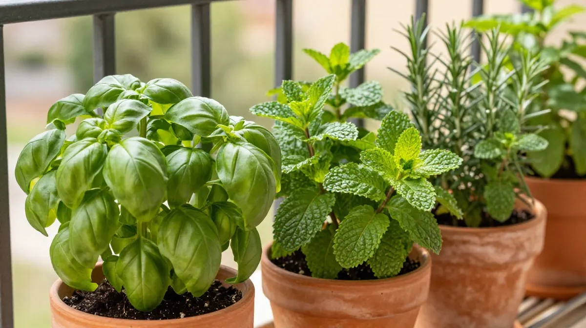 Aromáticas de verano: albahaca, menta y romero en macetas de terraza
