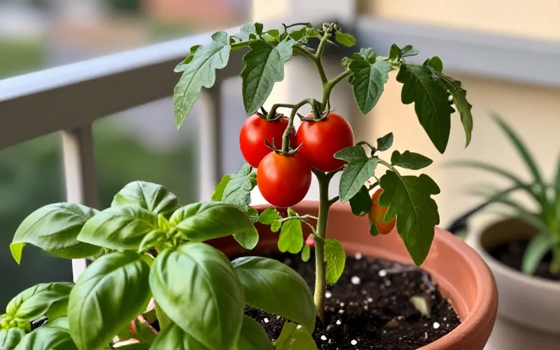 Tomate y albahaca creciendo juntos en la misma maceta como asociación favorable