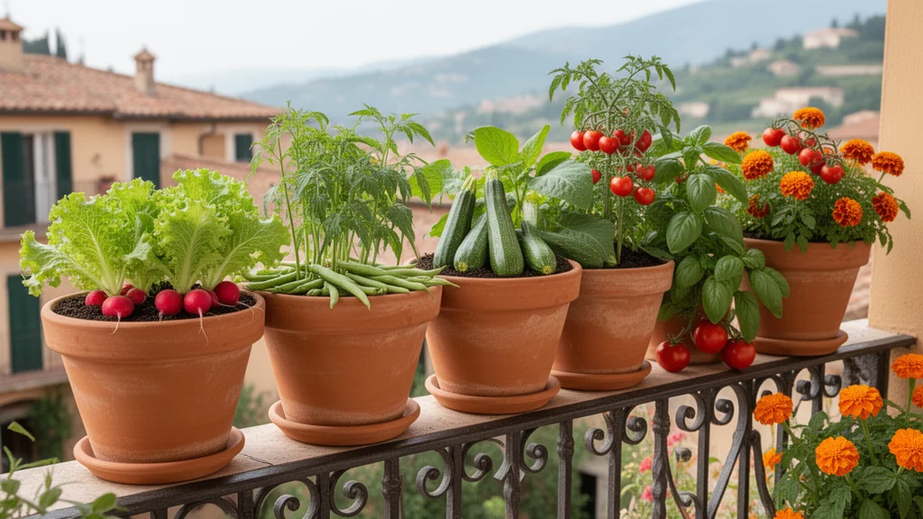 Varias macetas de terraza mostrando diferentes asociaciones de cultivos: lechuga con rábanos, judías con calabacín, tomates con albahaca y tagetes