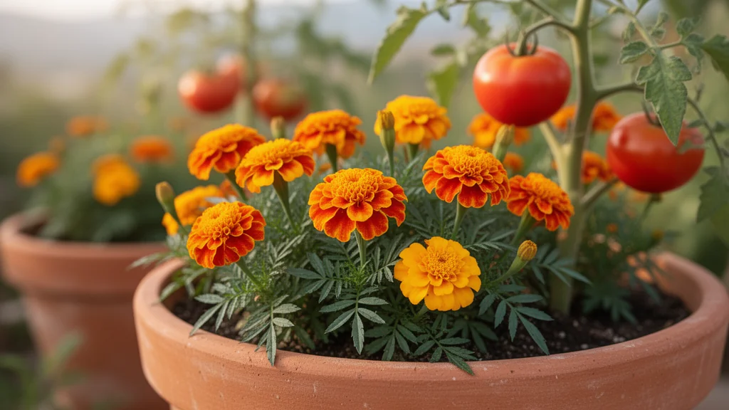 Primer plano de tagetes (clavel de India) creciendo en una maceta al pie de una tomatera, asociación defensiva clásica del huerto urbano