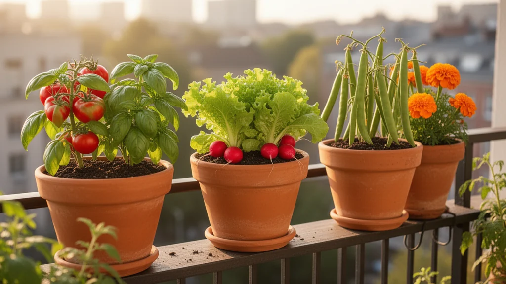 Tres macetas de terracota alineadas en una barandilla de balcón con asociaciones de cultivos: tomates con albahaca, lechugas con rábanos, judías con tagetes