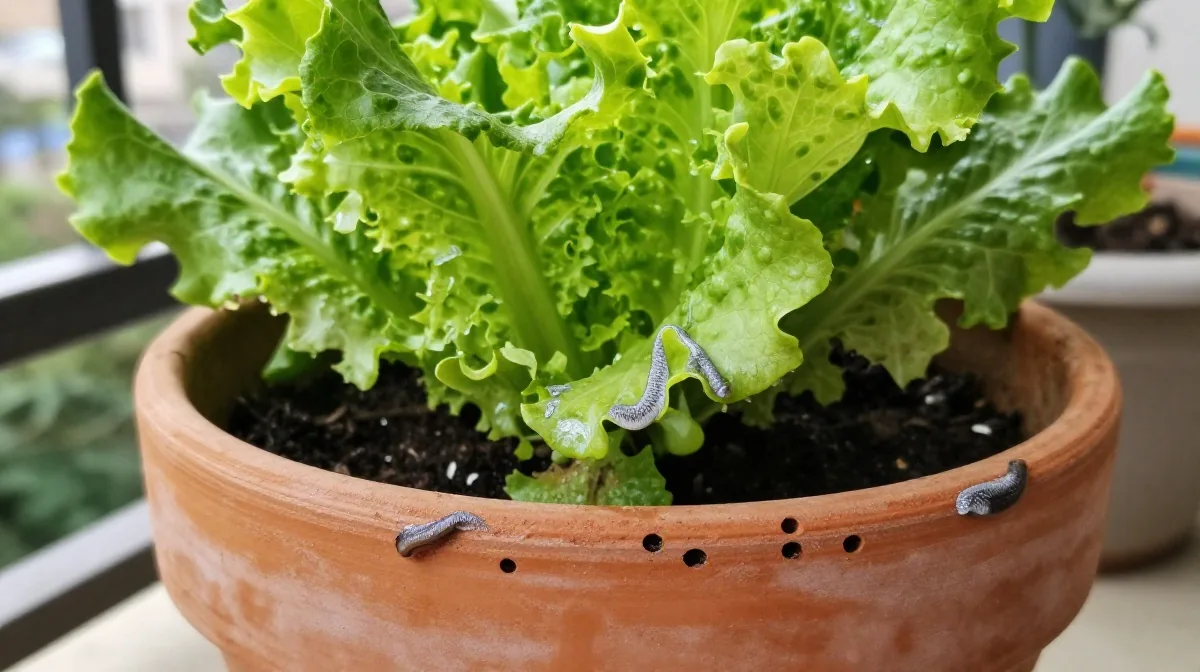 Hojas de lechuga con agujeros causados por babosas