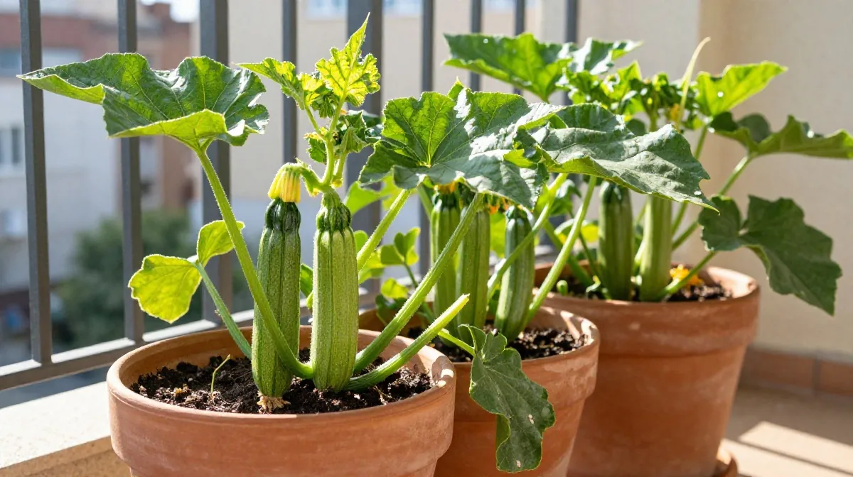 Calabacines creciendo en macetas grandes en una terraza soleada