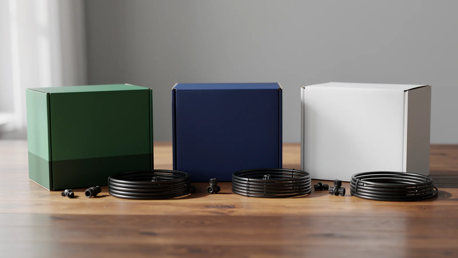 Comparativa de kits de riego por goteo sobre mesa de madera