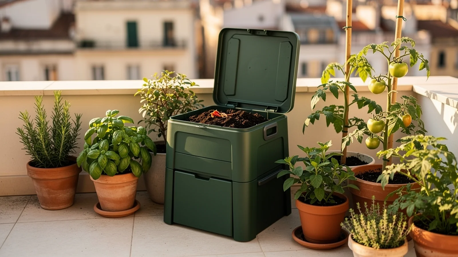 Compostera pequeña de color verde oscuro en un balcón urbano, rodeada de macetas con plantas aromáticas y tomateras