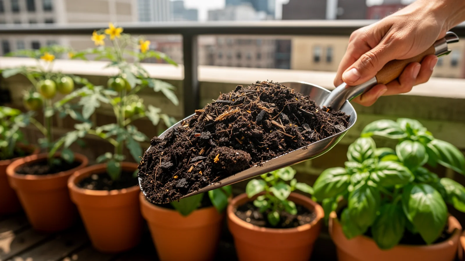 Mano sosteniendo compost maduro negro y grumoso, con macetas de tomateras y albahaca al fondo en un balcón soleado