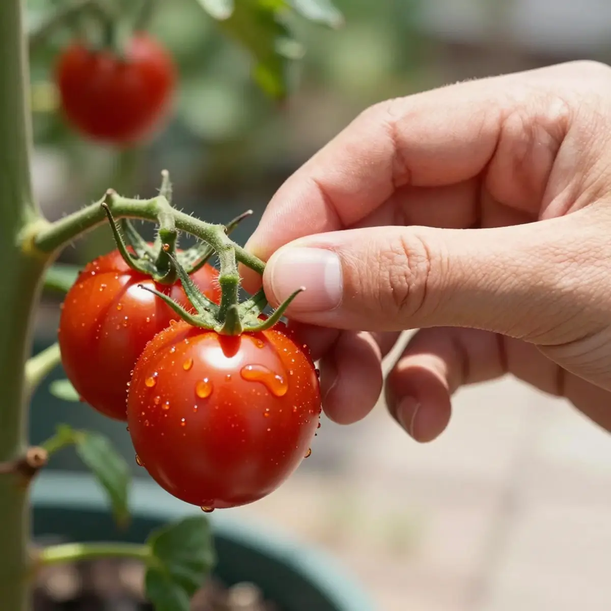 Recogiendo un tomate cherry maduro