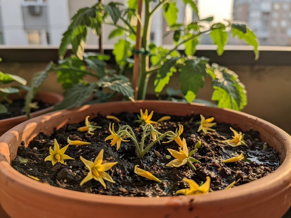 Flores amarillas de tomate caídas sobre el sustrato de una maceta en terraza