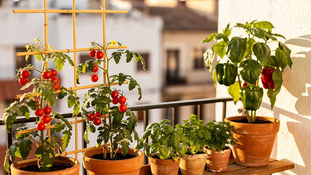 Balcón con tomateras, pimientos y hierbas aromáticas cultivadas en maceta