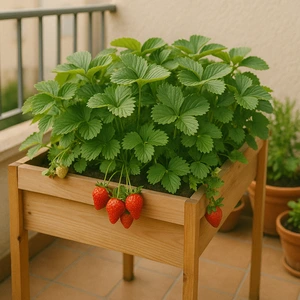 Mesa de cultivo en terraza urbana con plantas de fresas maduras, ideal para cultivar fresas en casa