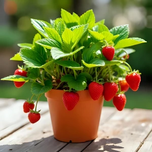 Maceta con fresas maduras