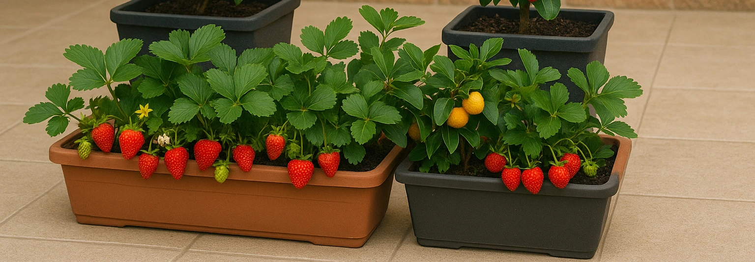 Cultivo casero de frutales pequeños: fresas, frambuesas y limonero en huerto urbano elevado