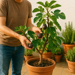 Persona cosechando higos maduros de una higuera en maceta en un patio urbano, ejemplo de cultivar higos en casa