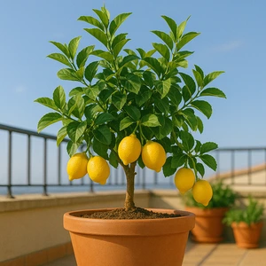 Limonero en maceta grande con frutos amarillos en una terraza soleada, ideal para cultivar limonero en casa