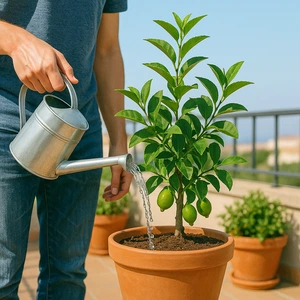 Persona regando un limonero joven en maceta sobre un balcón, ejemplo de cultivar limonero en casa