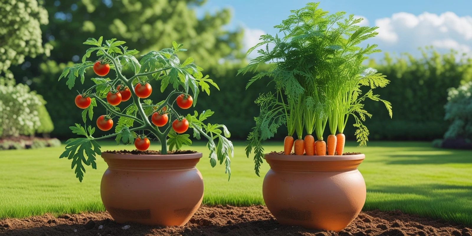 Huerto urbano en macetas con tomates y zanahorias en jardín soleado