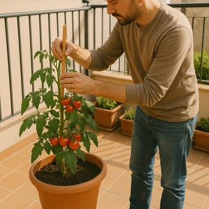 Persona cultivando tomates en casa en una maceta sobre una terraza urbana, cuidando una planta de tomate con tutor