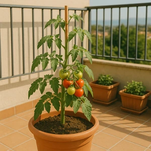 Planta de tomate en maceta con frutos en una terraza urbana, ejemplo de cómo cultivar tomates en casa