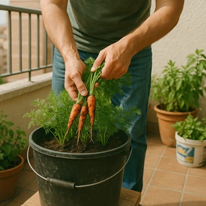 Persona cosechando zanahorias en una terraza usando un cubo reciclado como maceta, ejemplo de cultivar zanahorias en casa