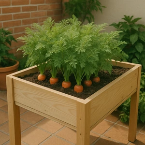 Mesa de cultivo elevada en un patio urbano con zanahorias creciendo, perfecta para cultivar zanahorias en casa