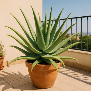 Planta de aloe vera en maceta de barro sobre una terraza soleada, ideal para cultivar aloe vera en casa
