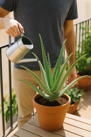 Persona regando planta de aloe vera en maceta sobre un balcón urbano, ejemplo de cultivar aloe vera en casa