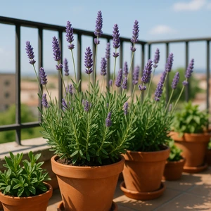 Macetas con plantas de lavanda en flor sobre un balcón urbano soleado, ideal para cultivar lavanda en casa