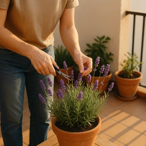Persona podando planta de lavanda en maceta en una terraza urbana, ejemplo de cultivar lavanda en casa