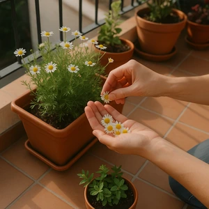 Persona recogiendo flores frescas de manzanilla en una jardinera de terraza urbana, ejemplo de cultivar manzanilla en casa