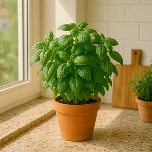 Maceta de albahaca fresca junto a una ventana soleada en cocina, ideal para cultivar albahaca en casa