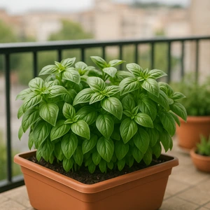 Jardinera con plantas de albahaca en un balcón urbano soleado, ejemplo de cultivar albahaca en casa