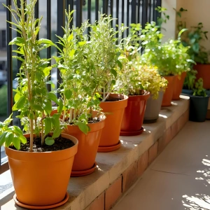 Maceta de albahaca fresca en cocina junto a ventana soleada