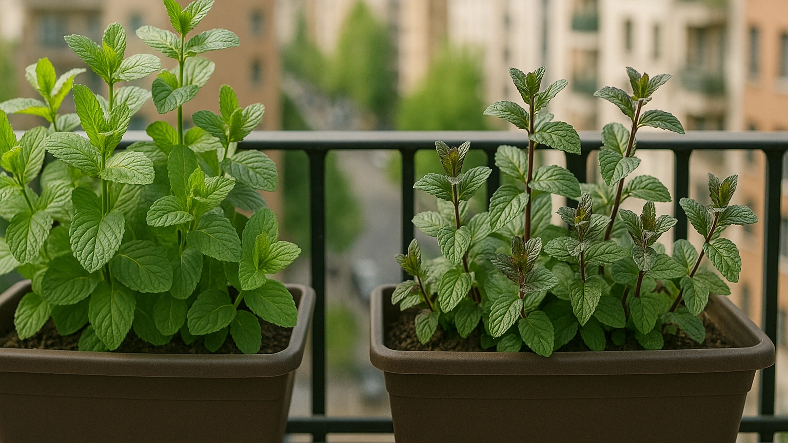 Cultivo en macetas de plantas aromáticas: menta y hierba buena en balcón