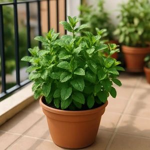 Maceta con planta de menta verde frondosa en un balcón urbano, ideal para cultivar menta en casa
