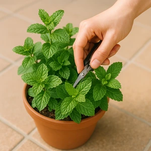 Mano recogiendo hojas frescas de una planta de menta en maceta sobre terraza, ejemplo de cultivar menta en casa