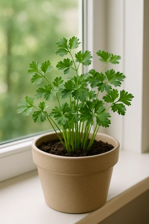 Perejil cultivado en casa en una maceta junto a una ventana