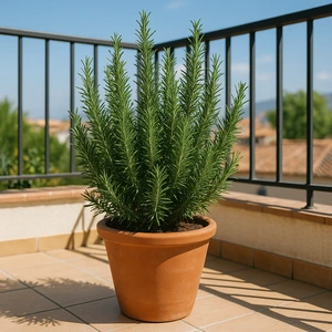 Maceta de barro con planta de romero en terraza soleada, ideal para cultivar romero en casa