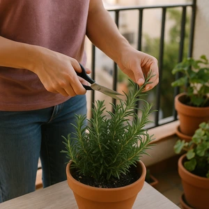 Persona cortando romero fresco en maceta sobre un balcón urbano, ejemplo de cultivar romero en casa