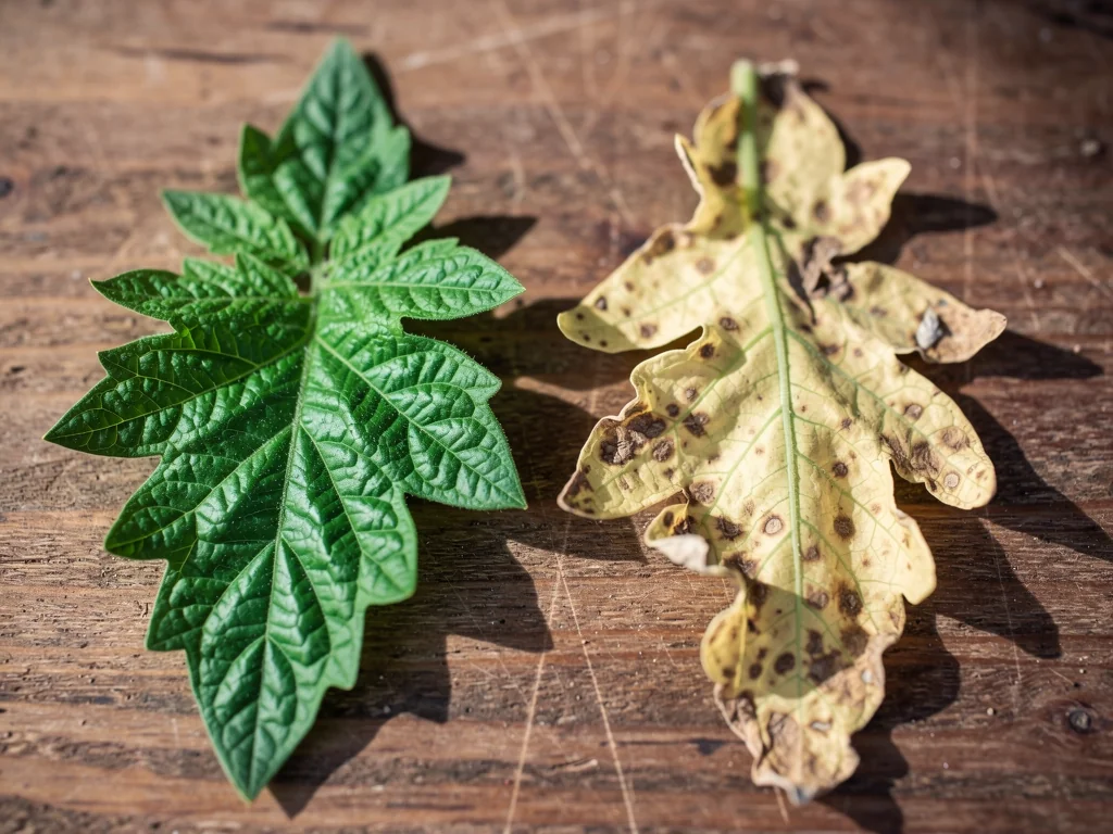 Comparación de hojas verdes sanas y hojas amarillentas en planta de tomate en maceta