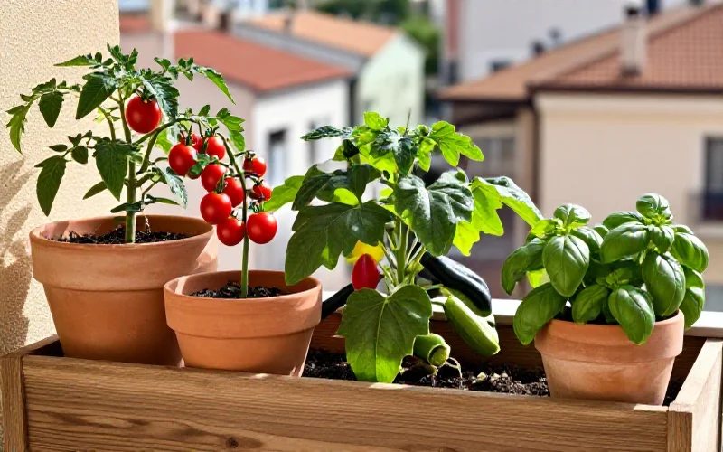 Variedad de hortalizas de verano cultivadas en macetas y jardineras en un huerto urbano