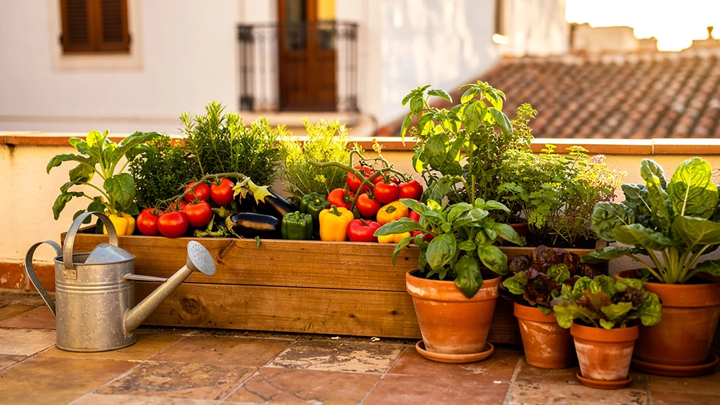 Terraza urbana con huerto productivo en mesa de cultivo con plantas de verano