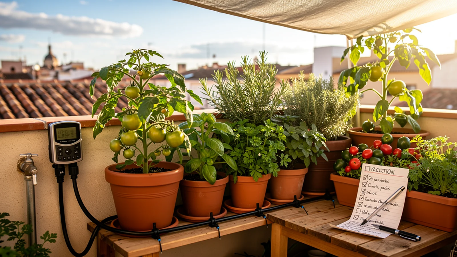 Huerto urbano preparado para vacaciones con sistema de riego por goteo y plantas sanas