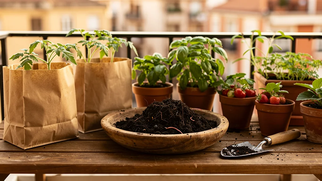 Humus de lombriz oscuro con plantas de tomate, albahaca y fresas en una terraza urbana