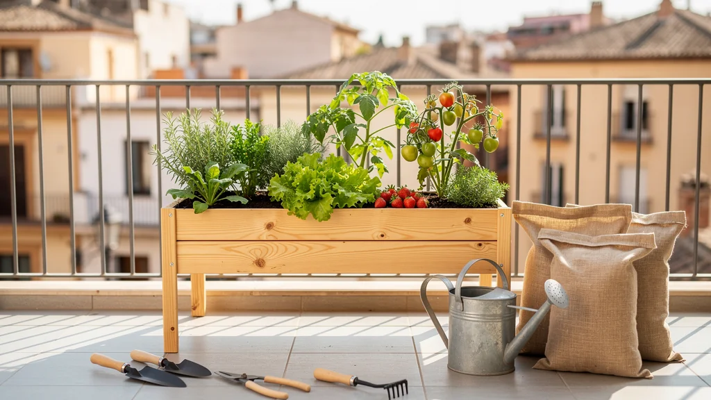 Mesa de cultivo elevada de madera con lechugas, tomates, fresas y aromáticas en una terraza urbana