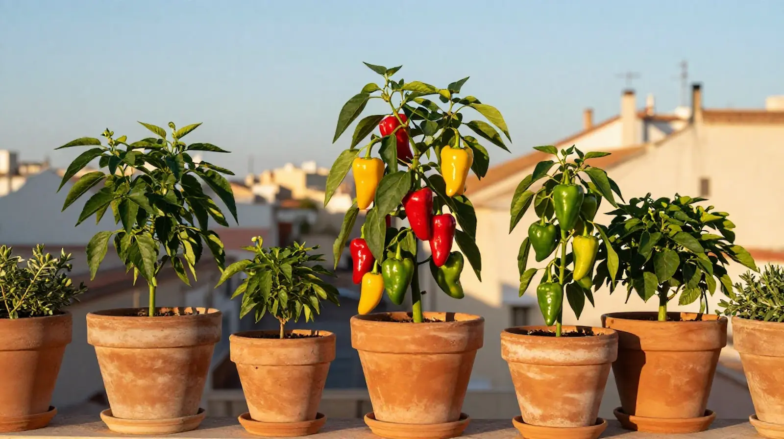 Pimientos de colores creciendo en macetas en una terraza soleada