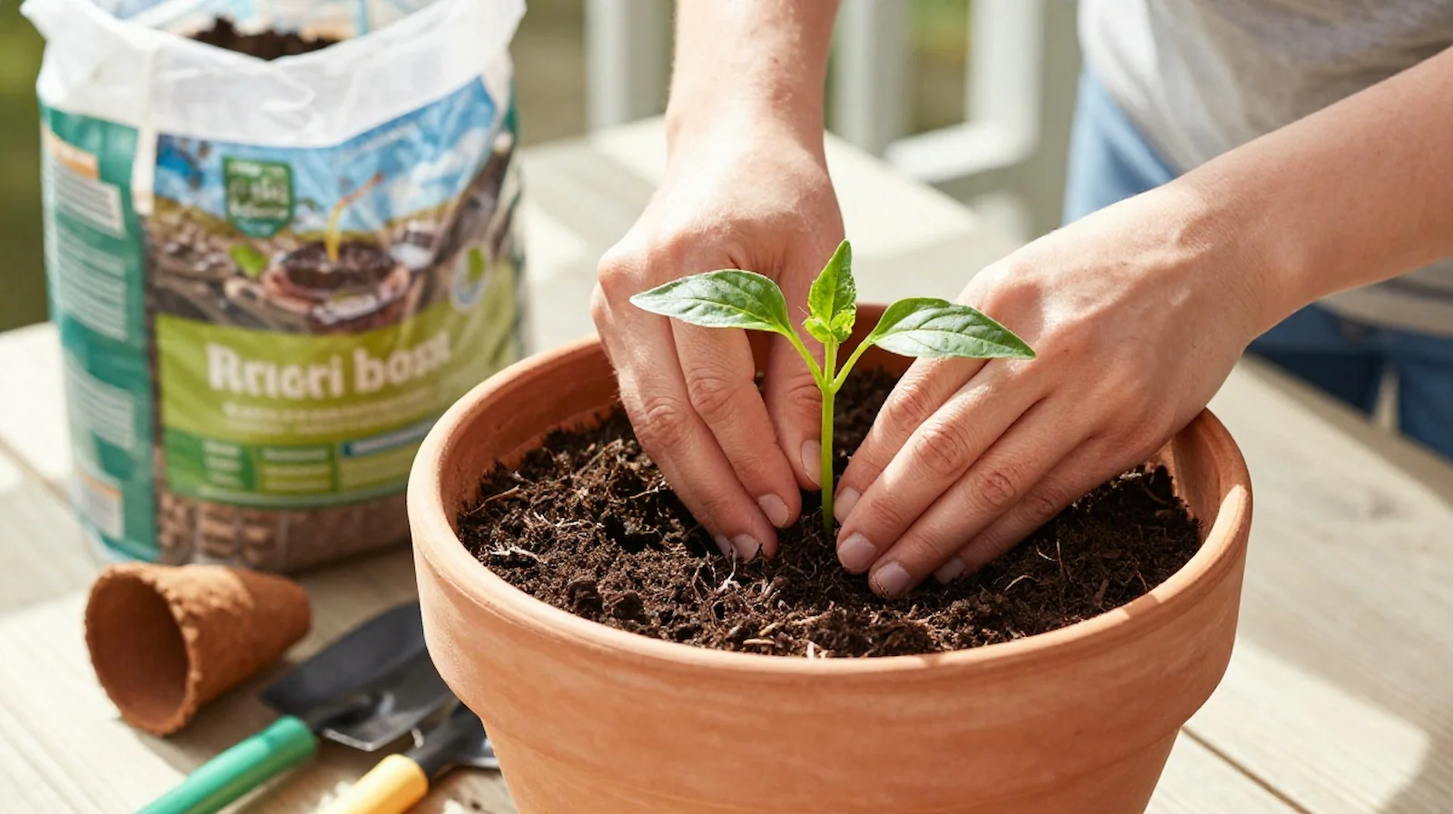 Macetas con pimientos recién plantados en una terraza