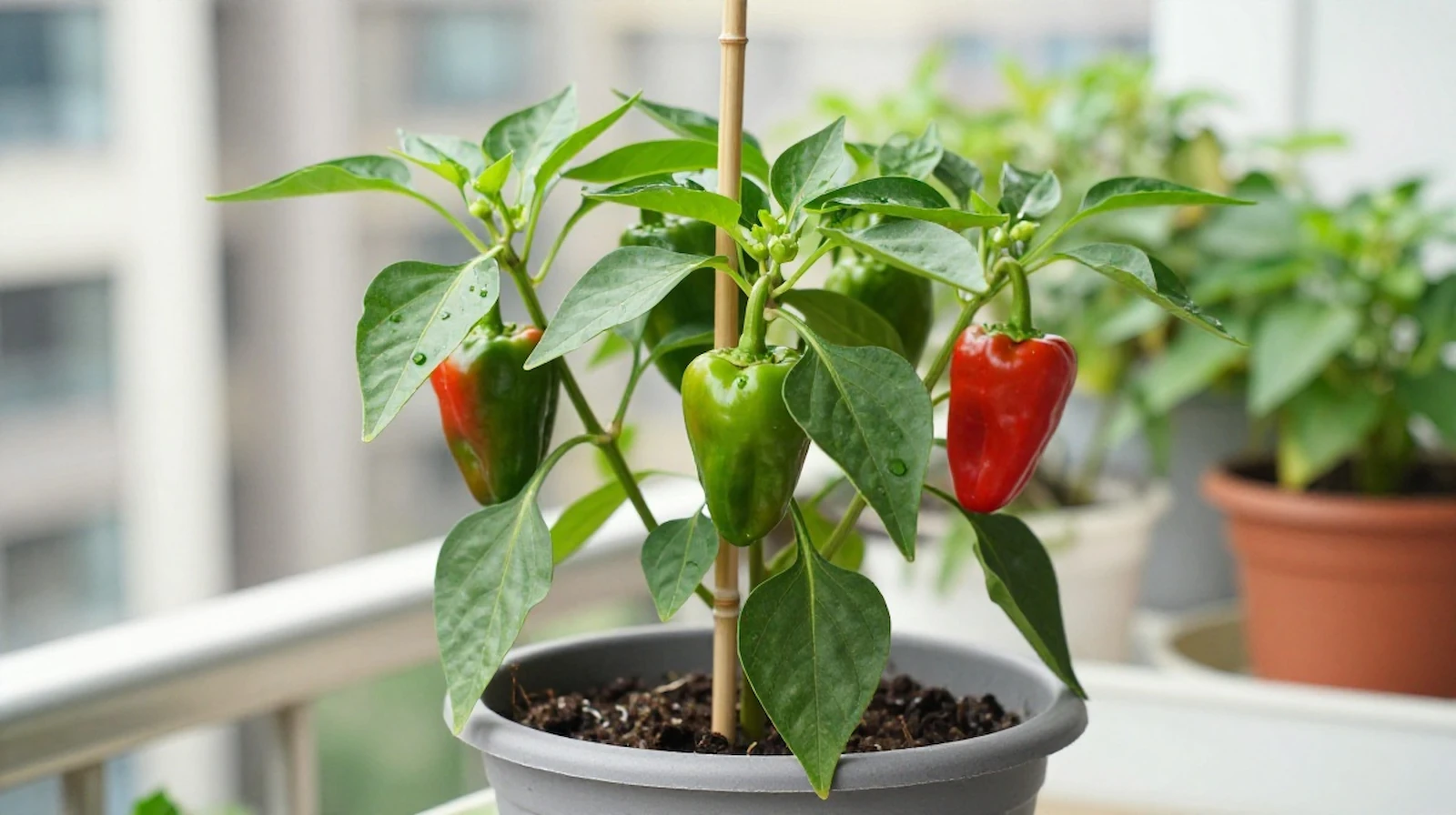 Pimiento creciendo saludablemente en maceta con soporte